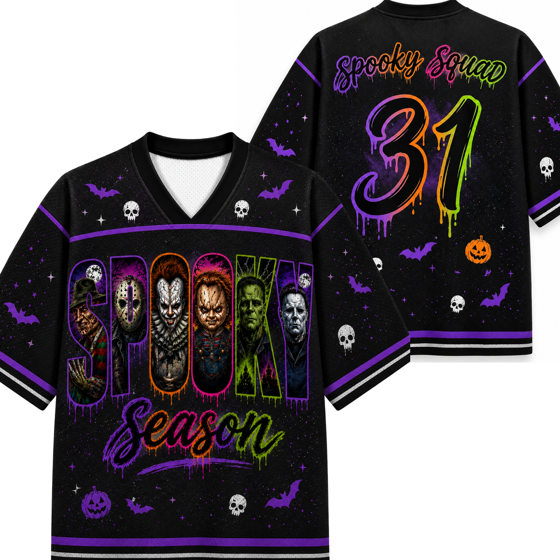 Black V-neck short-sleeve jersey shown front and back with Halloween-themed graphics. The front reads 'Spooky Squad Season' with colorful neon-style lettering, bats, skulls, and jack-o'-lanterns.