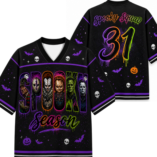 Black V-neck short-sleeve jersey shown front and back with Halloween-themed graphics. The front reads 'Spooky Squad Season' with colorful neon-style lettering, bats, skulls, and jack-o'-lanterns.