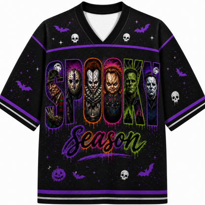 A black short-sleeve V-neck jersey with a colorful 'Spooky Season' graphic featuring horror movie character silhouettes, purple bats, skulls, and stars on a white background.