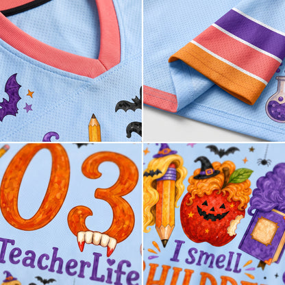 A four-panel close-up collage of a light blue children's shirt with Halloween-themed graphics and colorful striped cuff details. The shirt includes printed designs such as bats, a pencil, a potion bottle, a witch hat, a pumpkin, and text reading 'TeacherLife' and 'I smell.
