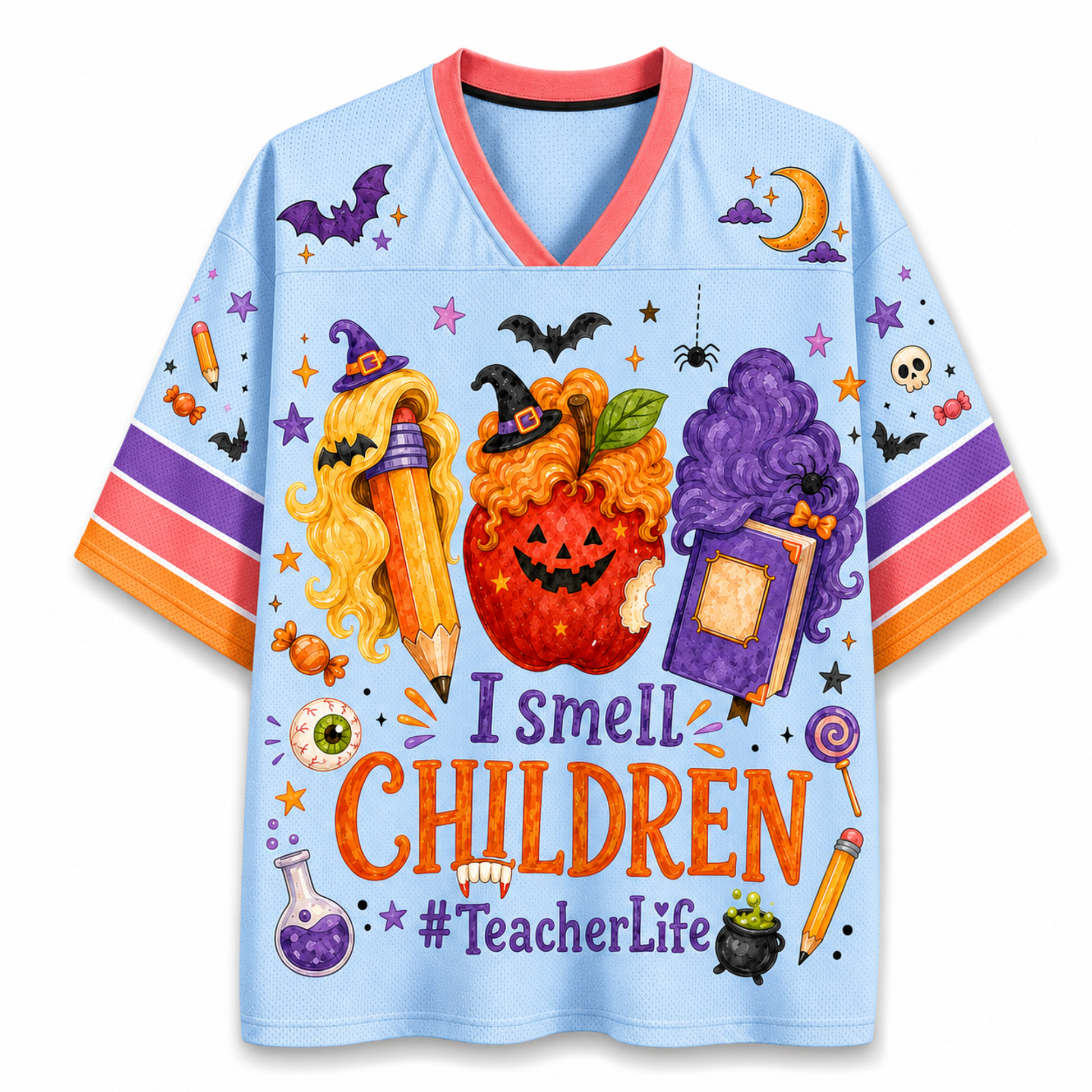 A light blue short-sleeve V-neck t-shirt with a colorful Halloween-themed graphic print. The design features a witch's hat, a glowing orange pumpkin, purple potion, a pencil, a skull, and the text 'I smell CHILDREN #TeacherLife'.