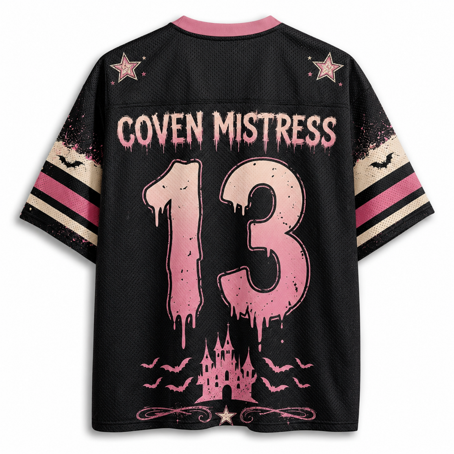 I'm Just Here For The Hocus Pocus Spooky Season Halloween Mesh Jersey - back view with Coven Mistress 13 graphic