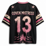 I'm Just Here For The Hocus Pocus Spooky Season Halloween Mesh Jersey - back view with Coven Mistress 13 graphic