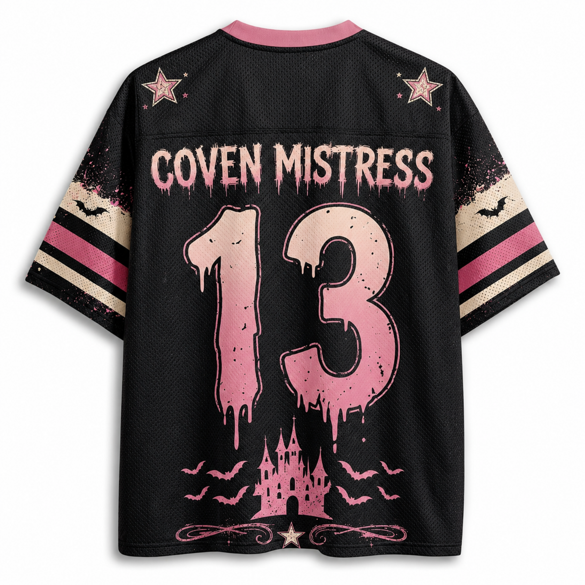 I'm Just Here For The Hocus Pocus Spooky Season Halloween Mesh Jersey - back view with Coven Mistress 13 graphic