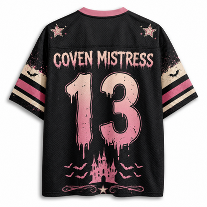 I'm Just Here For The Hocus Pocus Spooky Season Halloween Mesh Jersey - back view with Coven Mistress 13 graphic