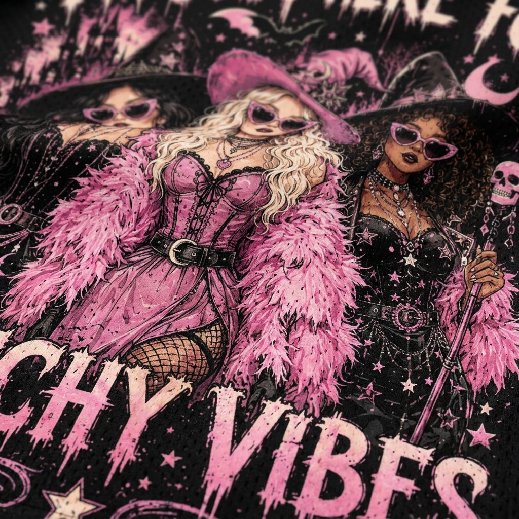 I'm Just Here For The Hocus Pocus Spooky Season Halloween Mesh Jersey - close-up of fabric and witch graphic detail