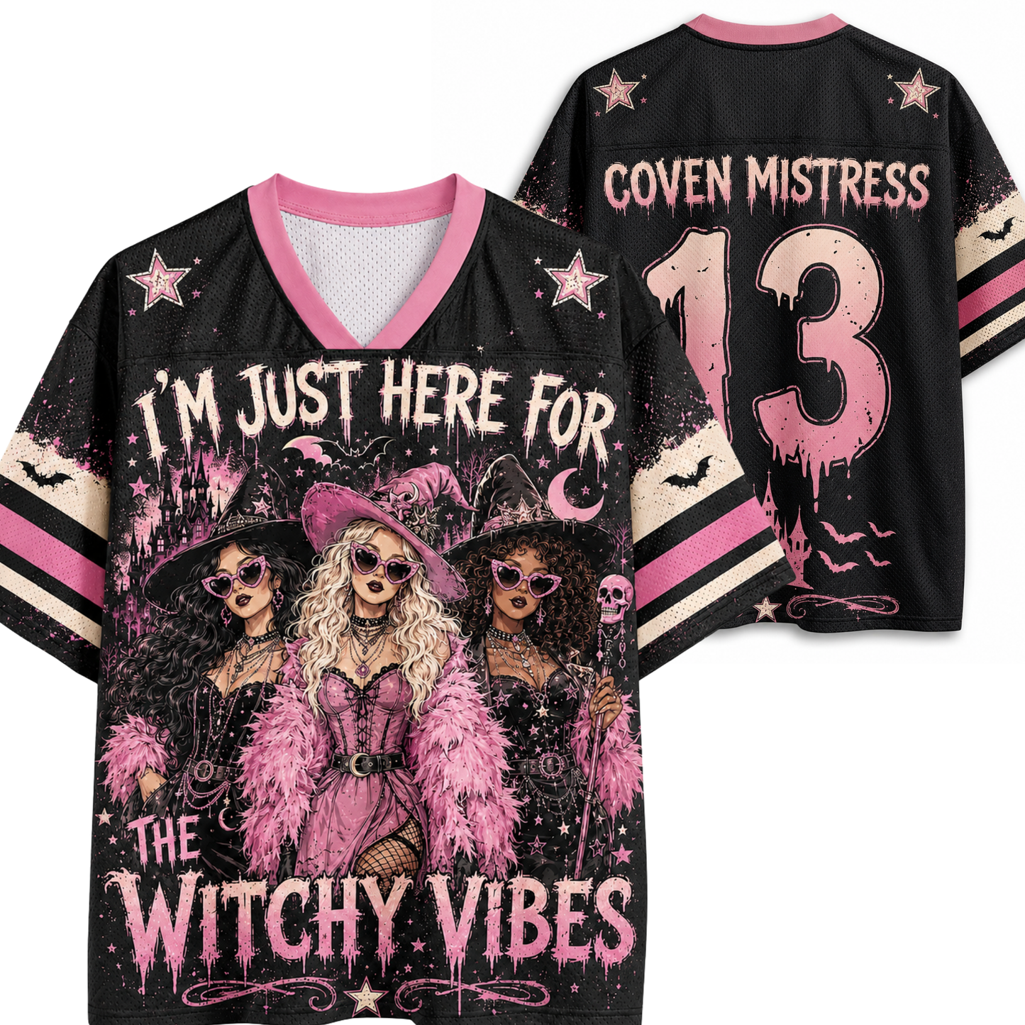 I'm Just Here For The Hocus Pocus Spooky Season Halloween Mesh Jersey - front and back view with witch and Coven Mistress graphic