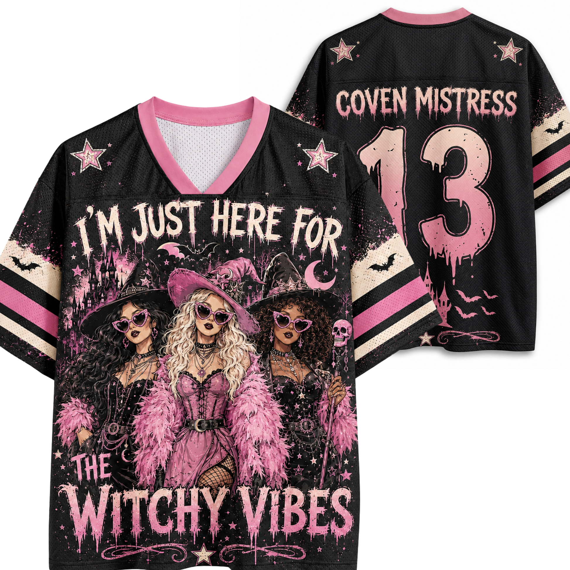 I'm Just Here For The Hocus Pocus Spooky Season Halloween Mesh Jersey - front and back view with witch and Coven Mistress graphic
