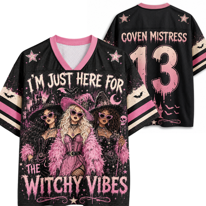I'm Just Here For The Hocus Pocus Spooky Season Halloween Mesh Jersey - front and back view with witch and Coven Mistress graphic