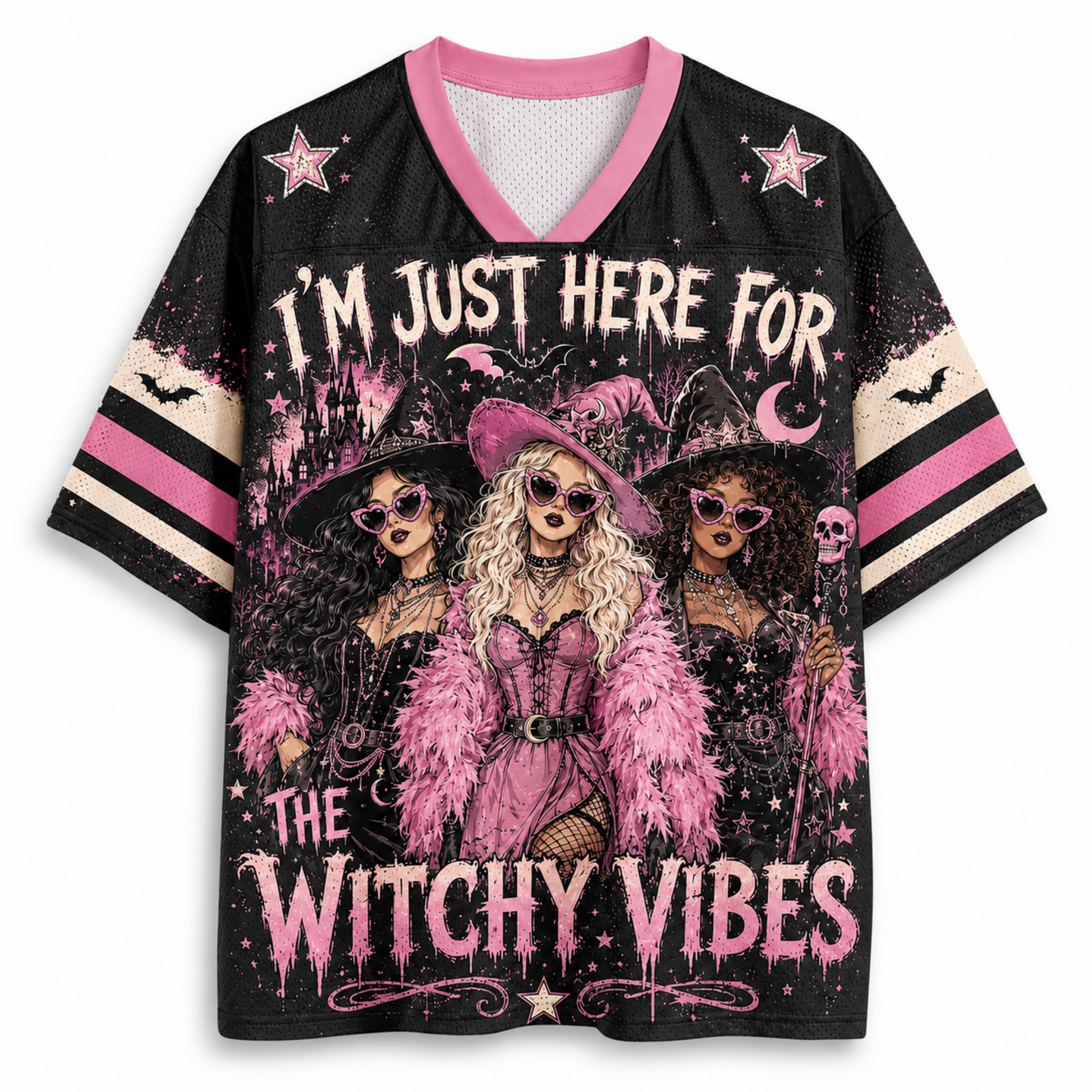 I'm Just Here For The Hocus Pocus Spooky Season Halloween Mesh Jersey - front view with Witchy Vibes graphic