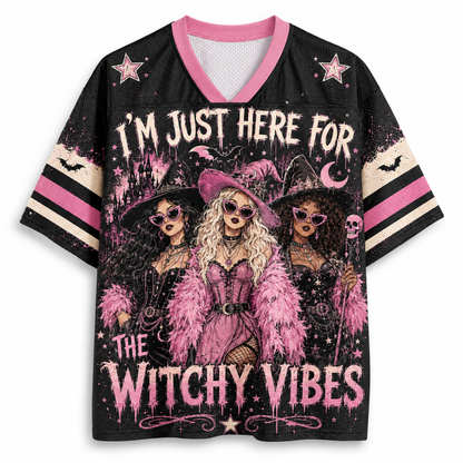 I'm Just Here For The Hocus Pocus Spooky Season Halloween Mesh Jersey - front view with Witchy Vibes graphic