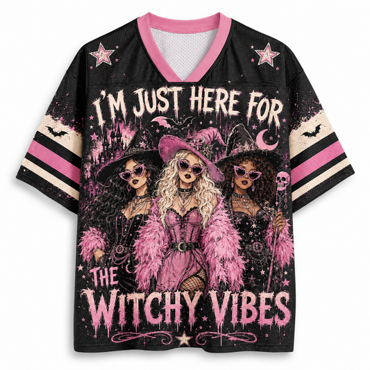 I'm Just Here For The Hocus Pocus Spooky Season Halloween Mesh Jersey - front view with Witchy Vibes graphic