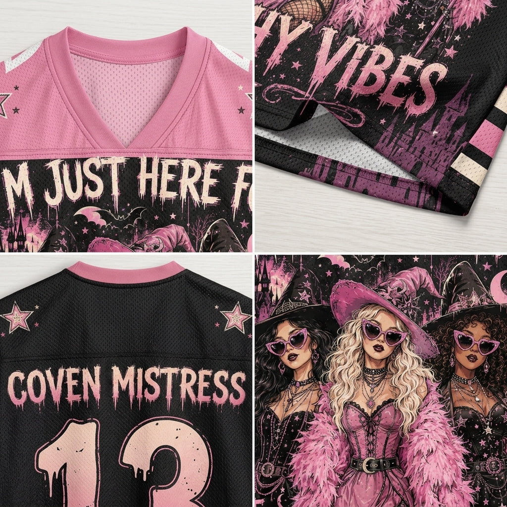 I'm Just Here For The Hocus Pocus Spooky Season Halloween Mesh Jersey - close-up of Coven Mistress graphic detail