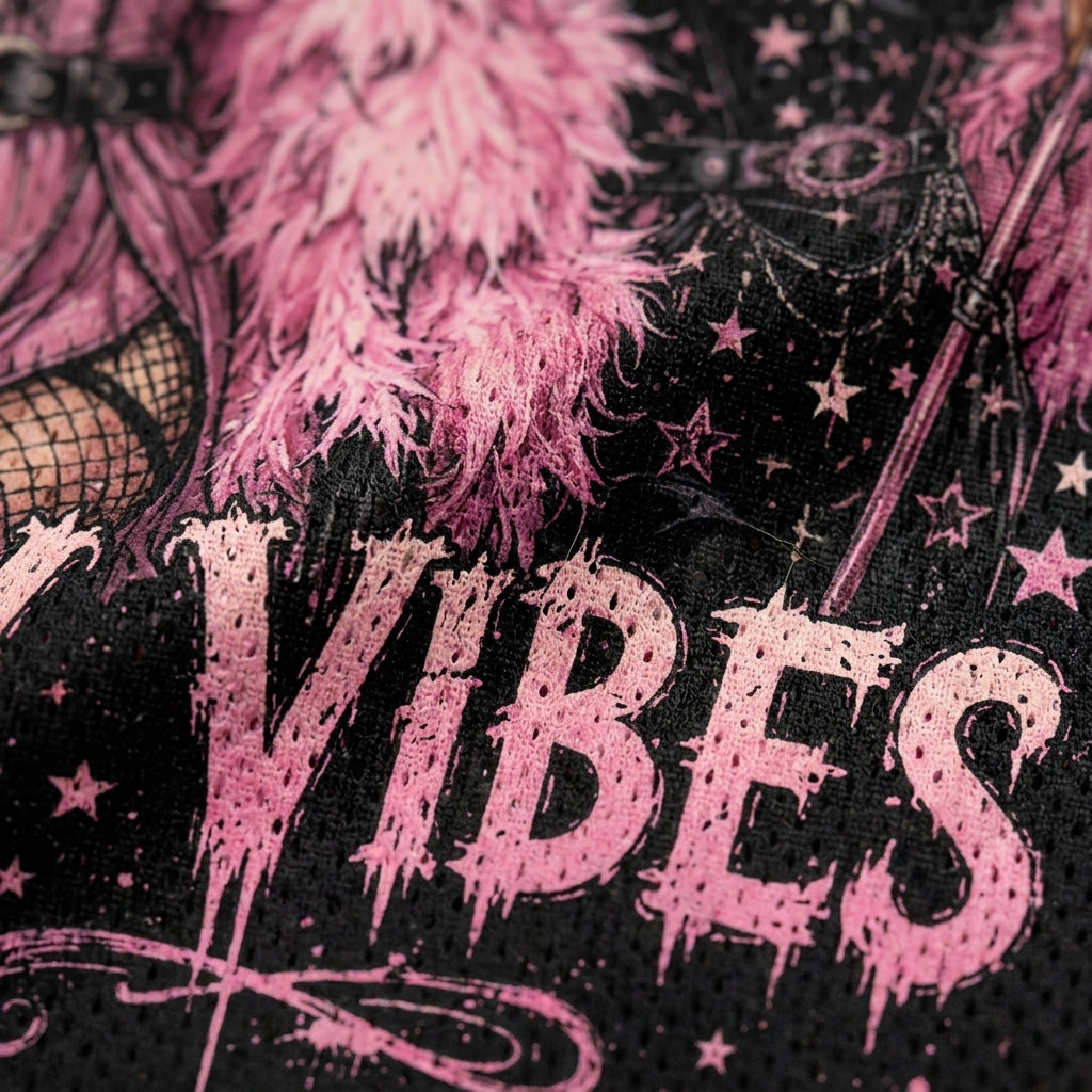I'm Just Here For The Hocus Pocus Spooky Season Halloween Mesh Jersey - close-up of Witchy Vibes lettering