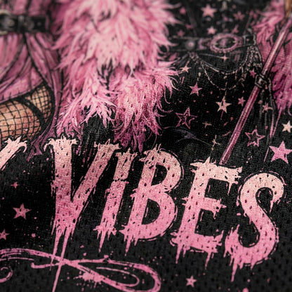 I'm Just Here For The Hocus Pocus Spooky Season Halloween Mesh Jersey - close-up of Witchy Vibes lettering