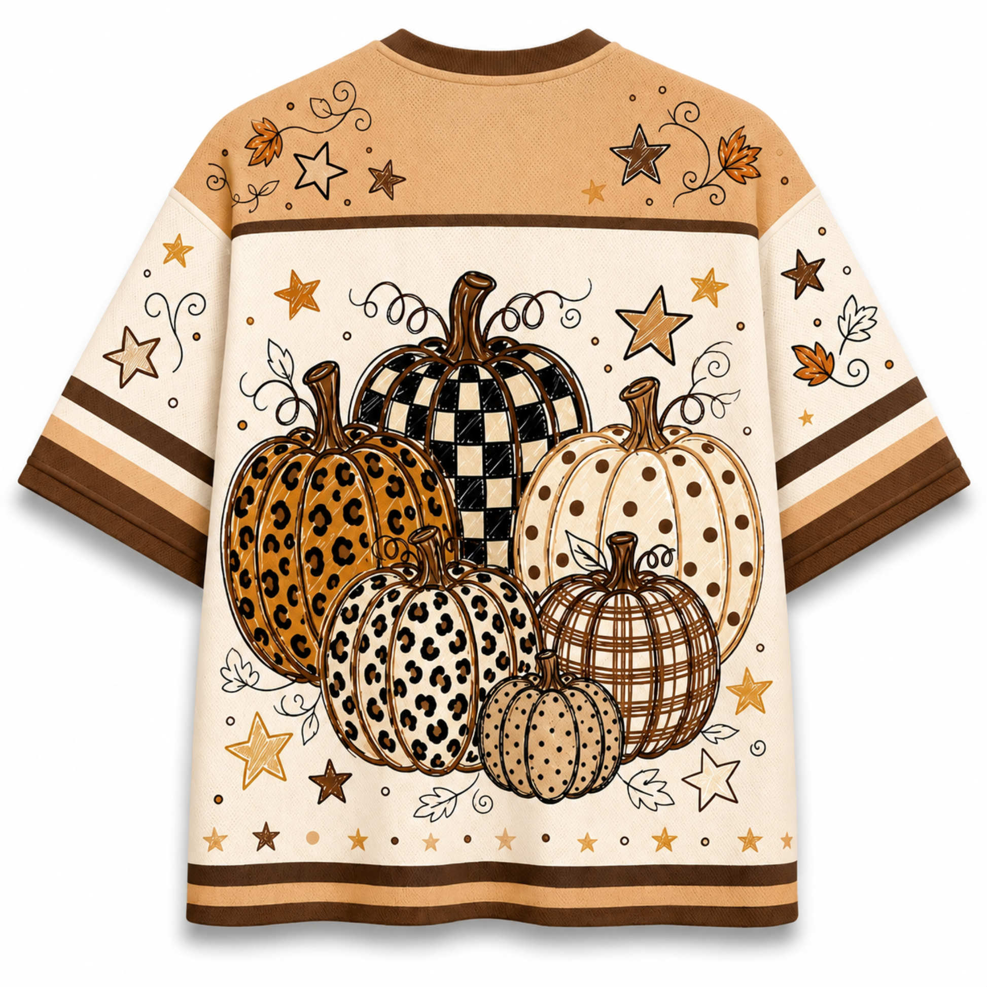 A short-sleeve t-shirt with a large autumn-themed pumpkin graphic on the back. The design features five pumpkins in various patterns (checkered, leopard print, polka dot, plaid) on a cream background, decorated with stars, leaves, and swirls in brown and gold tones.