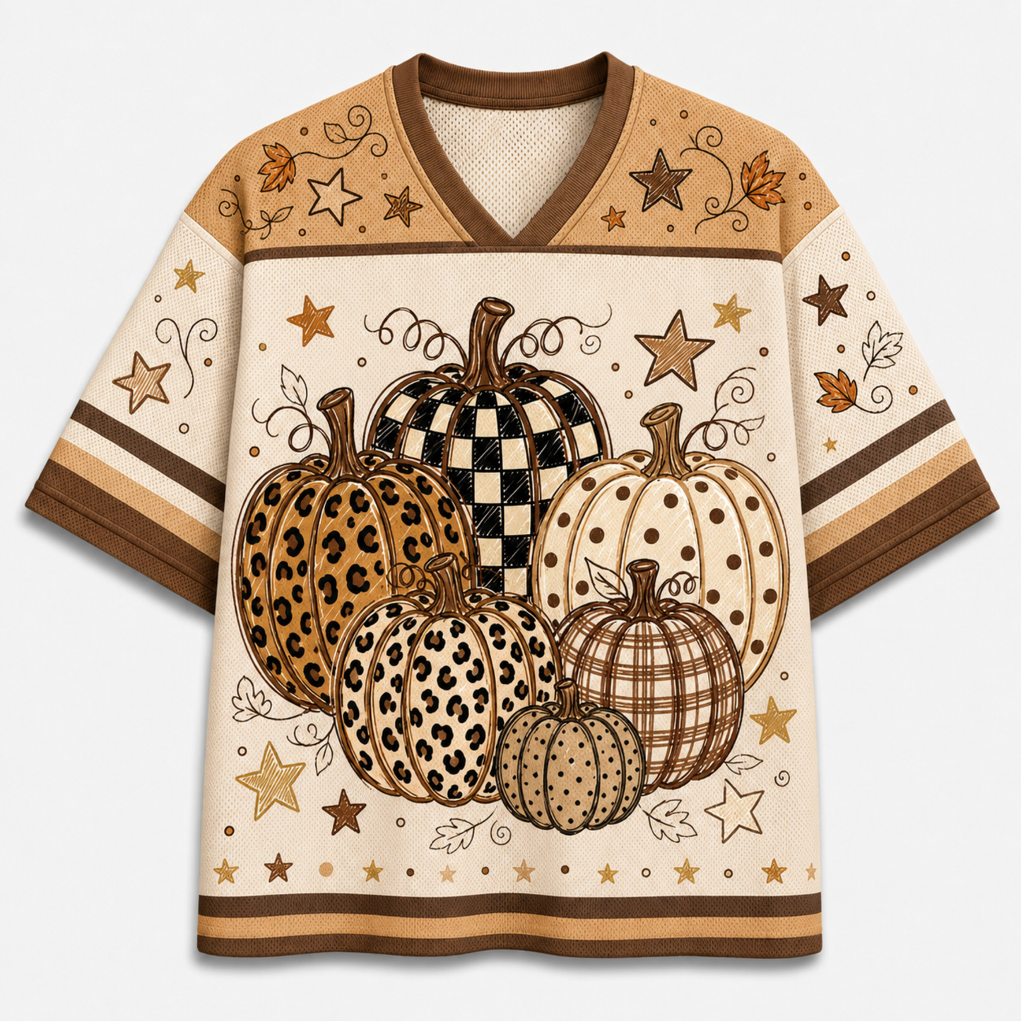A short-sleeve V-neck t-shirt featuring a fall harvest design with illustrated pumpkins in leopard, checkered, polka-dot, and plaid patterns, along with stars and leaves on a cream background with brown trim.