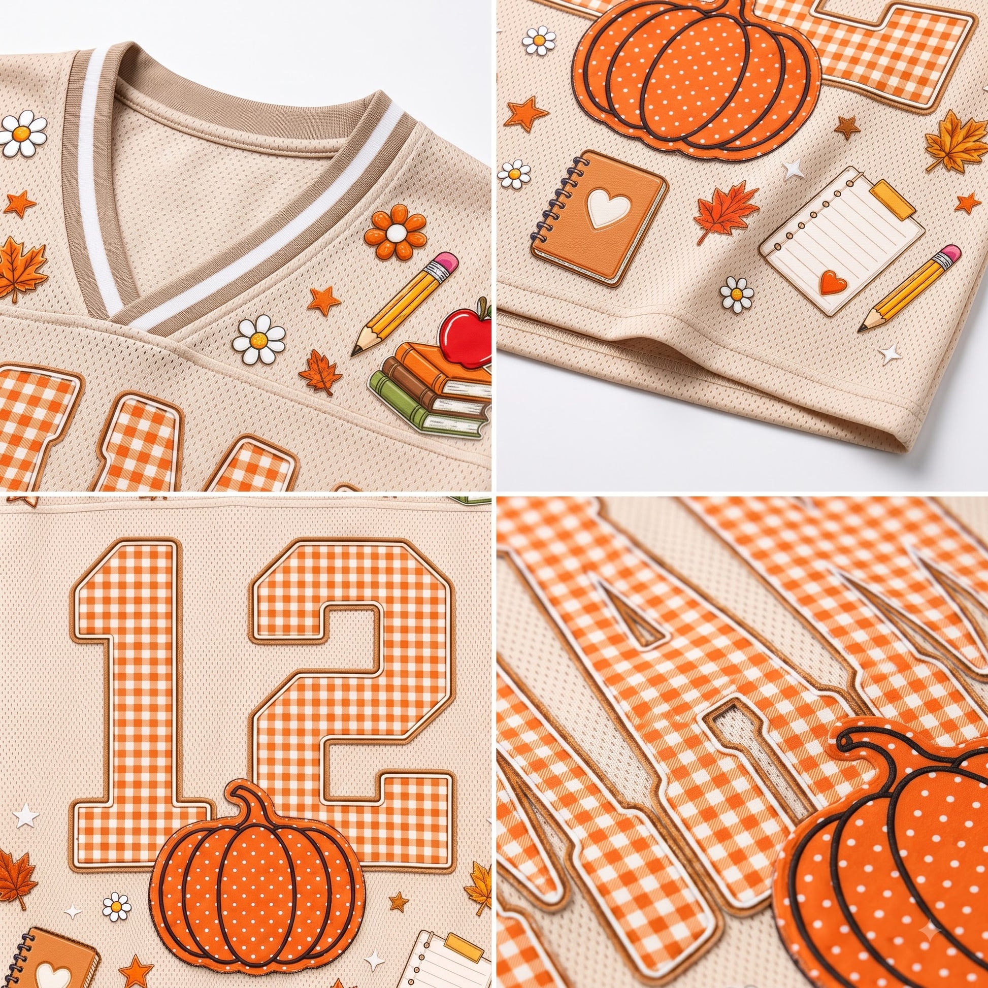 A four-panel close-up collage of a beige mesh V-neck top with orange gingham lettering and autumn-themed applique, including pumpkins, leaves, flowers, books, and a pencil.