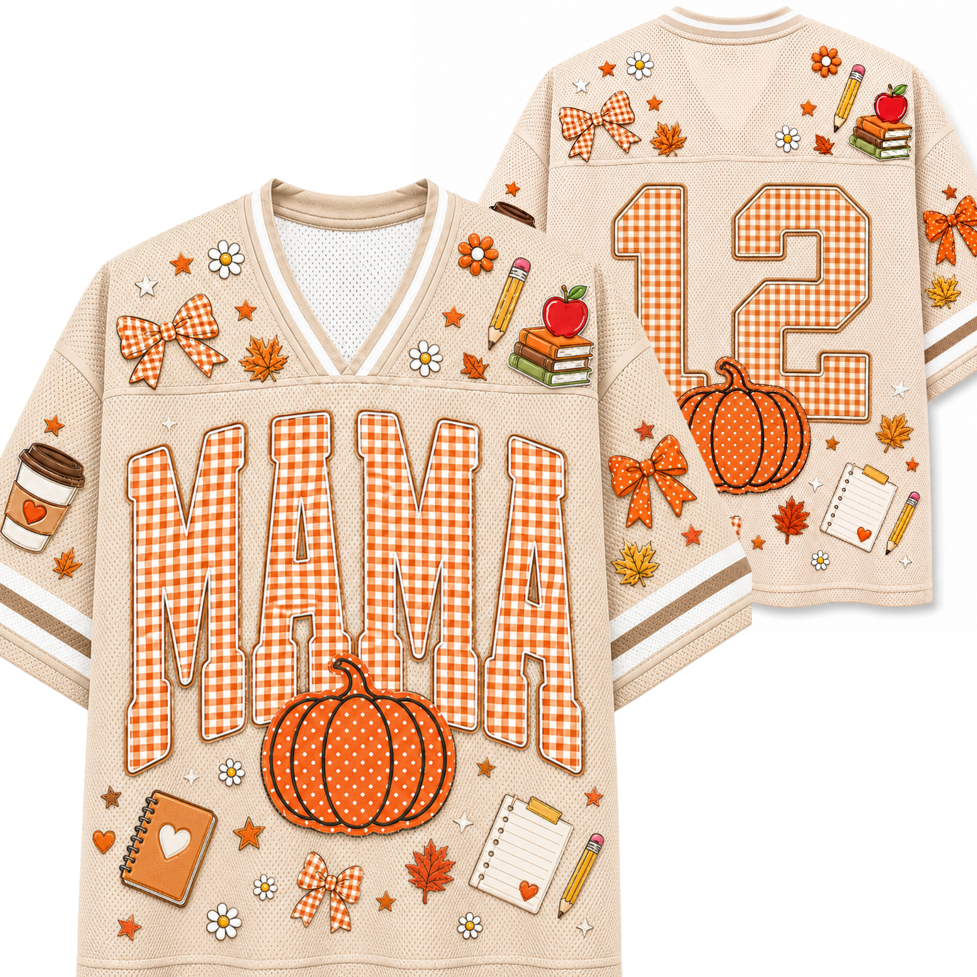 A beige football-style jersey shown from the front and back, decorated with autumn and school-themed graphics including a pumpkin, bows, leaves, notebooks, pencils, an apple, and the word “MAMA” in gingham letters. The back shows the number 12.