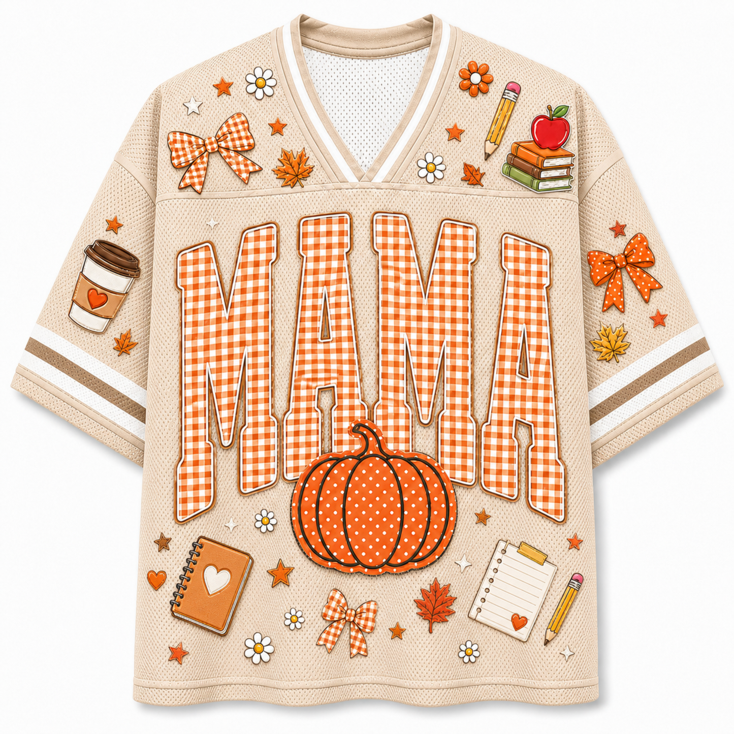 A beige short-sleeve V-neck jersey-style shirt with orange and white gingham lettering that says “MAMA,” decorated with autumn-themed graphics including a pumpkin, bows, stars, flowers, a coffee cup, notebooks, and pencils on a plain white background.