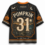 A black short-sleeve t-shirt with a Halloween-themed back graphic. The design features 'PUMPKIN 31 EST.