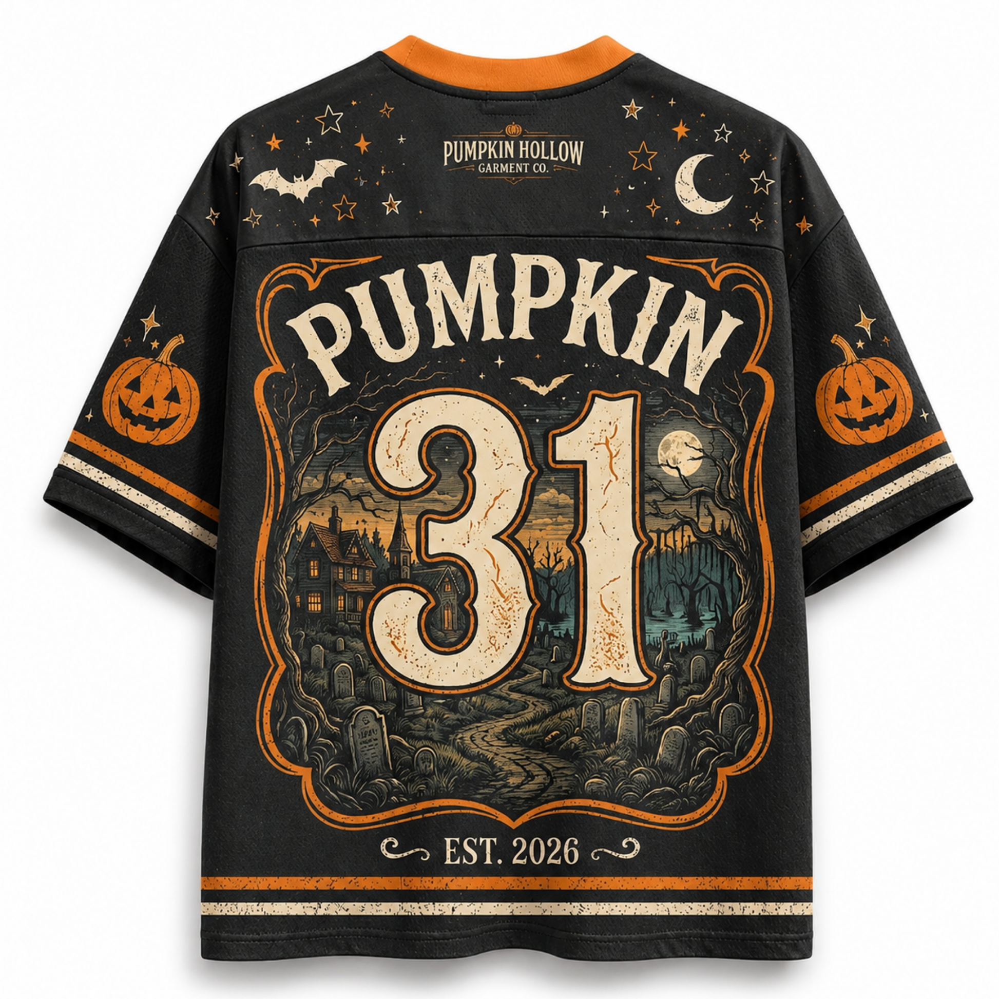 A black short-sleeve t-shirt with a Halloween-themed back graphic. The design features 'PUMPKIN 31 EST.