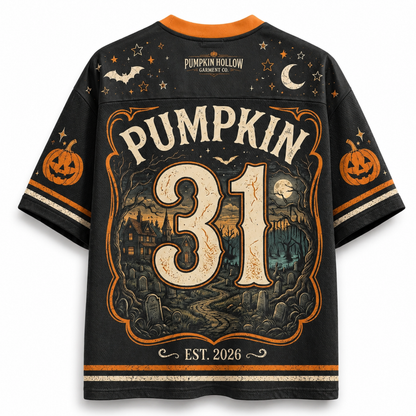 A black short-sleeve t-shirt with a Halloween-themed back graphic. The design features 'PUMPKIN 31 EST.