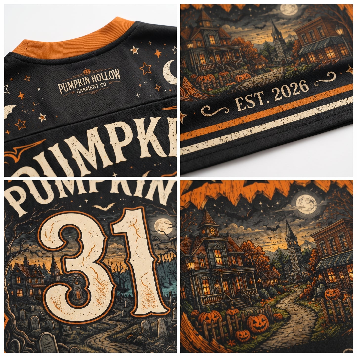 A four-panel collage showing close-up views of a black Halloween-themed garment or print design. The panels display the orange ribbed collar, cream and orange text reading 'Pumpkin Hollow Creament Co' and 'EST.