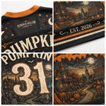 A four-panel collage showing close-up views of a black Halloween-themed garment or print design. The panels display the orange ribbed collar, cream and orange text reading 'Pumpkin Hollow Creament Co' and 'EST.