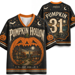 Black short-sleeve V-neck t-shirt with orange trim, featuring a large 'Pumpkin Hollow' graphic with a jack-o'-lantern and haunted house scene, plus 'Pumpkin 31' on the back.