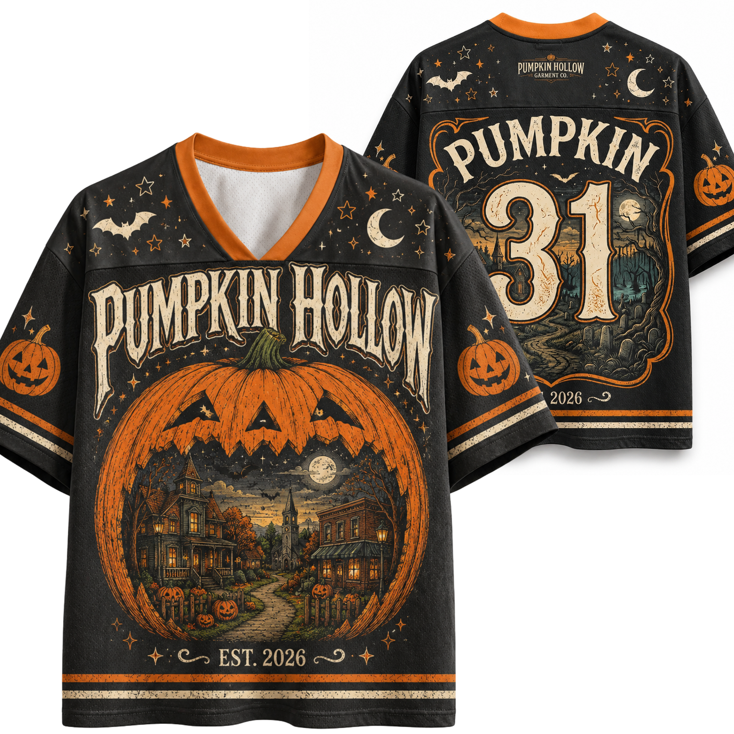 Black short-sleeve V-neck t-shirt with orange trim, featuring a large 'Pumpkin Hollow' graphic with a jack-o'-lantern and haunted house scene, plus 'Pumpkin 31' on the back.