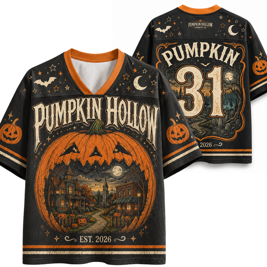 Black short-sleeve V-neck t-shirt with orange trim, featuring a large 'Pumpkin Hollow' graphic with a jack-o'-lantern and haunted house scene, plus 'Pumpkin 31' on the back.
