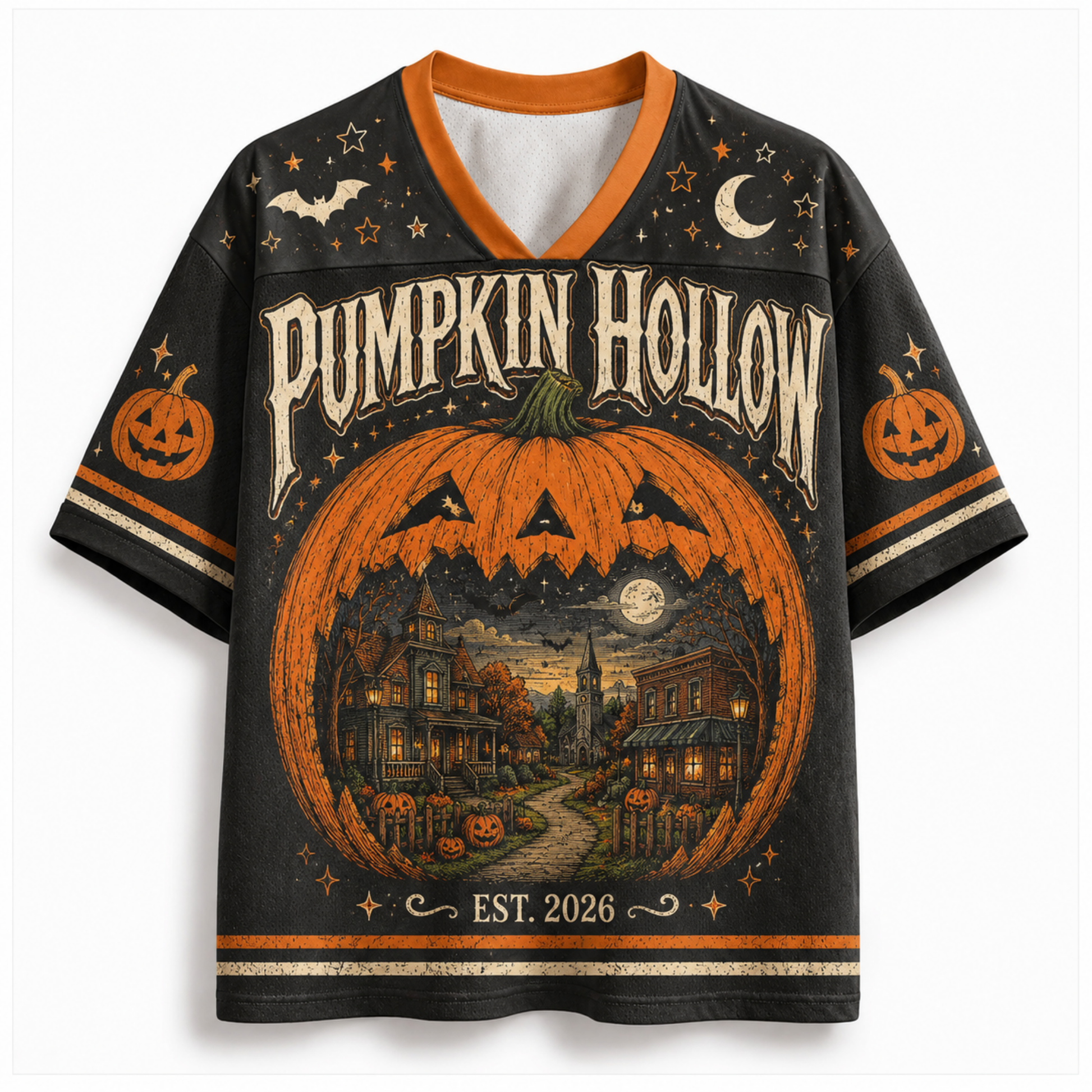 A black V-neck short-sleeve t-shirt with a detailed Halloween graphic on the front. The design features a large orange jack-o'-lantern with a haunted house scene inside, the words 'PUMPKIN HOLLOW' in a distressed white font, and 'EST.