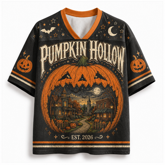 A black V-neck short-sleeve t-shirt with a detailed Halloween graphic on the front. The design features a large orange jack-o'-lantern with a haunted house scene inside, the words 'PUMPKIN HOLLOW' in a distressed white font, and 'EST.