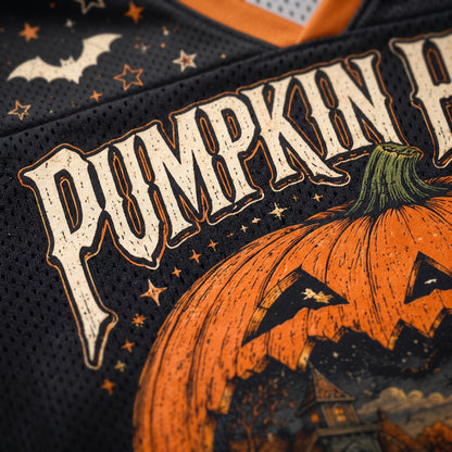 Close-up of a black mesh athletic jersey with a Halloween graphic featuring a carved orange pumpkin, stars, bats, and large distressed white text reading “PUMPKIN HOLLOW” on the front.