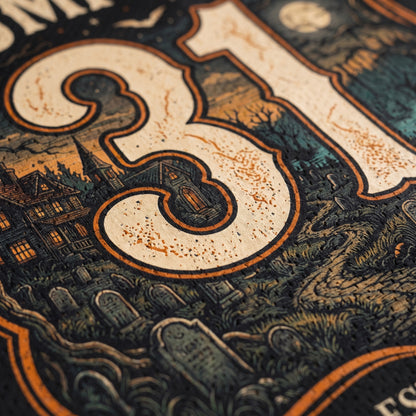 Close-up of a vintage-style illustrated graphic featuring a large distressed cream-colored number 31 over a dark Halloween scene with tombstones, a haunted house, and orange-brown weathered accents.