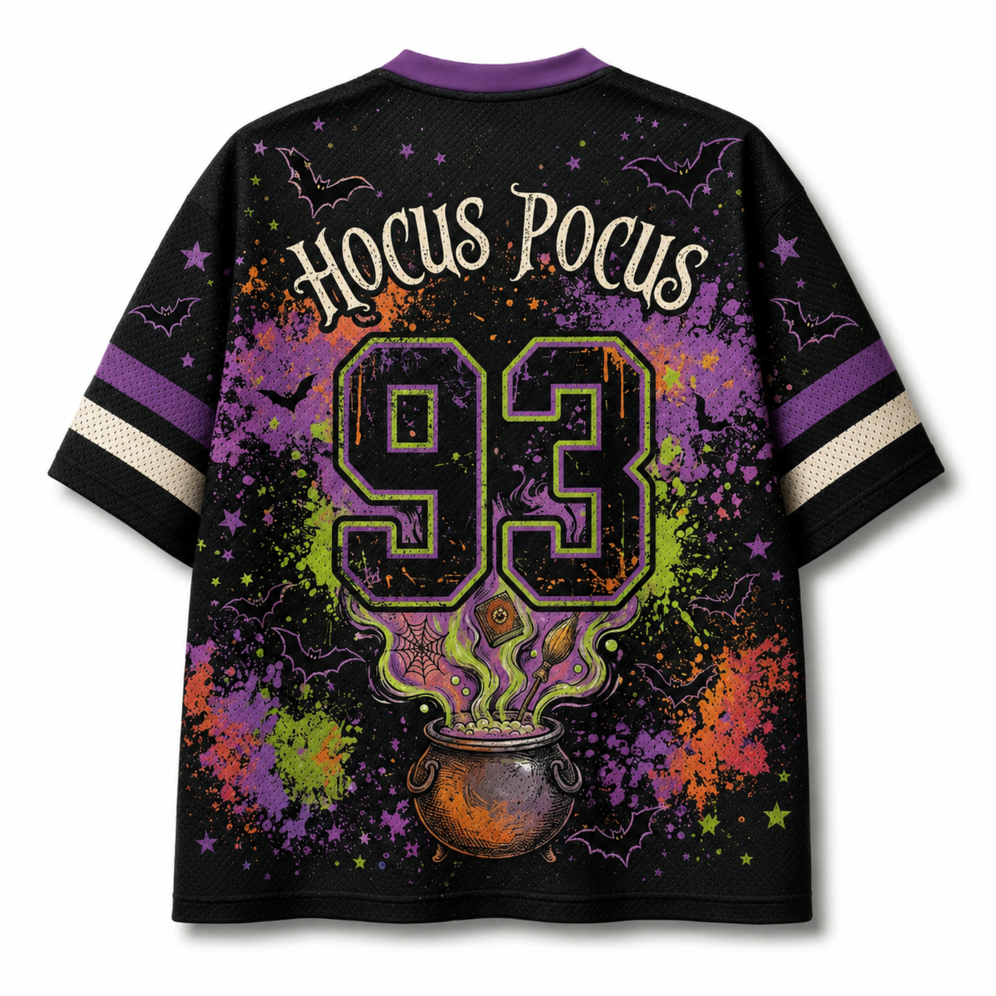 Retro Hocus Pocus Witches Halloween Mesh Jersey - back view with Hocus Pocus 93 graphic