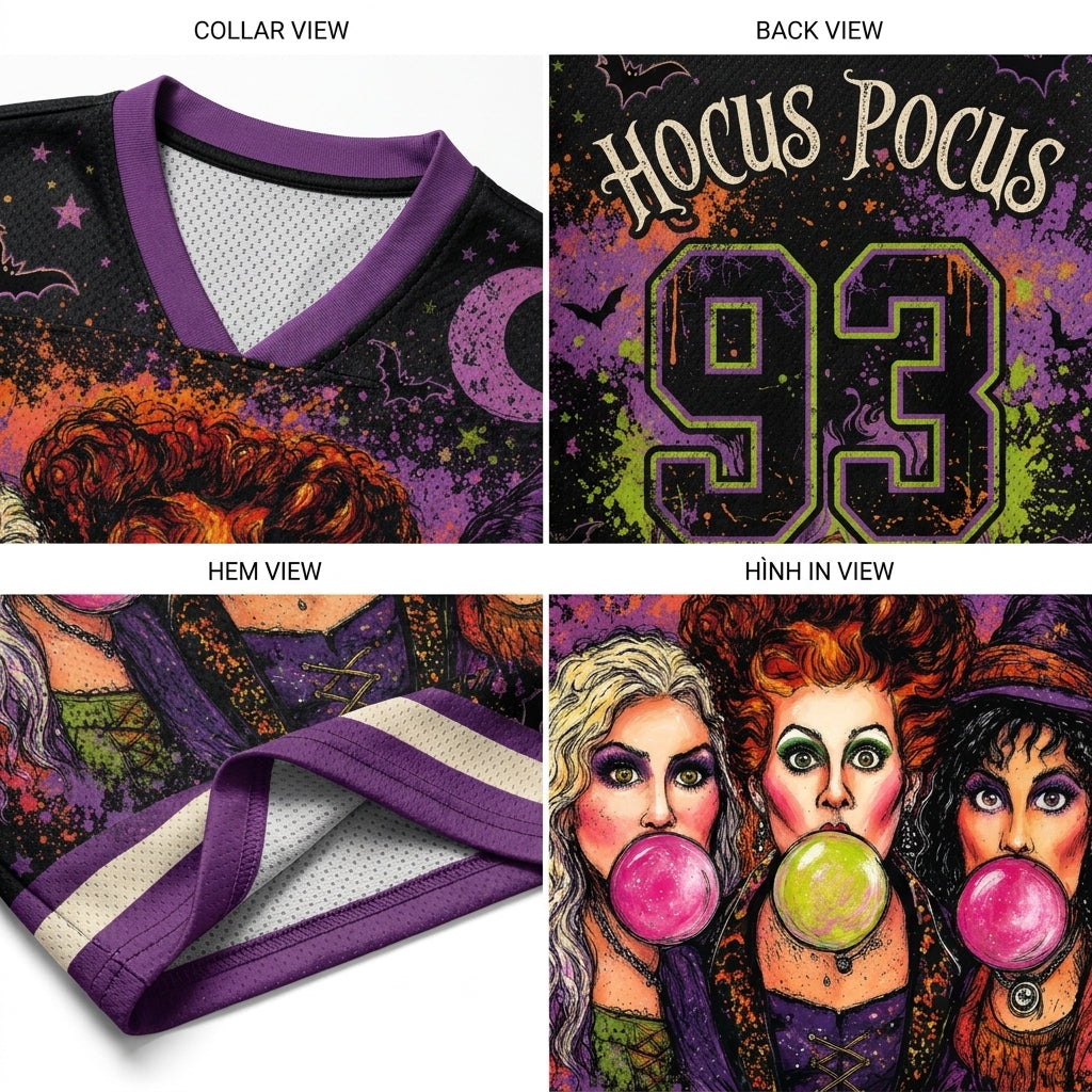 Retro Hocus Pocus Witches Halloween Mesh Jersey - real photo of fabric and collar detail