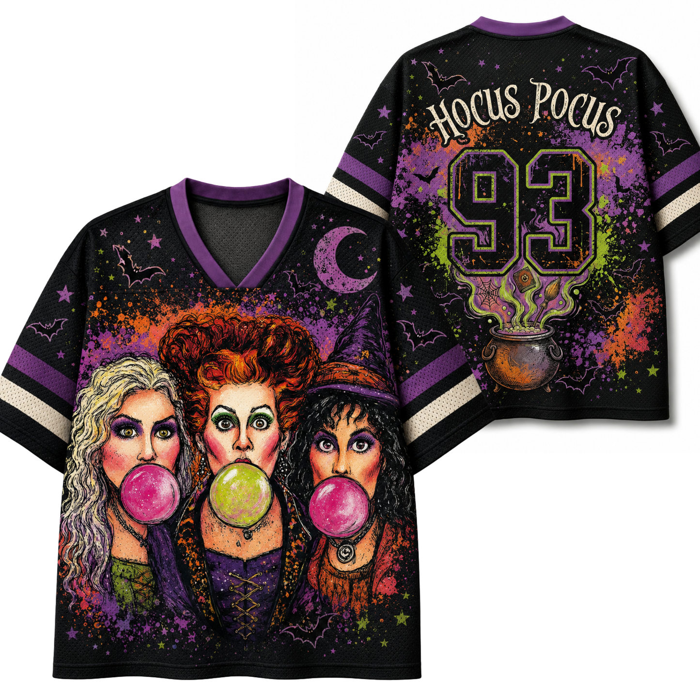 Retro Hocus Pocus Witches Halloween Mesh Jersey - front and back view with Hocus Pocus 93 graphic