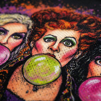 Retro Hocus Pocus Witches Halloween Mesh Jersey - close-up of witches bubblegum graphic detail