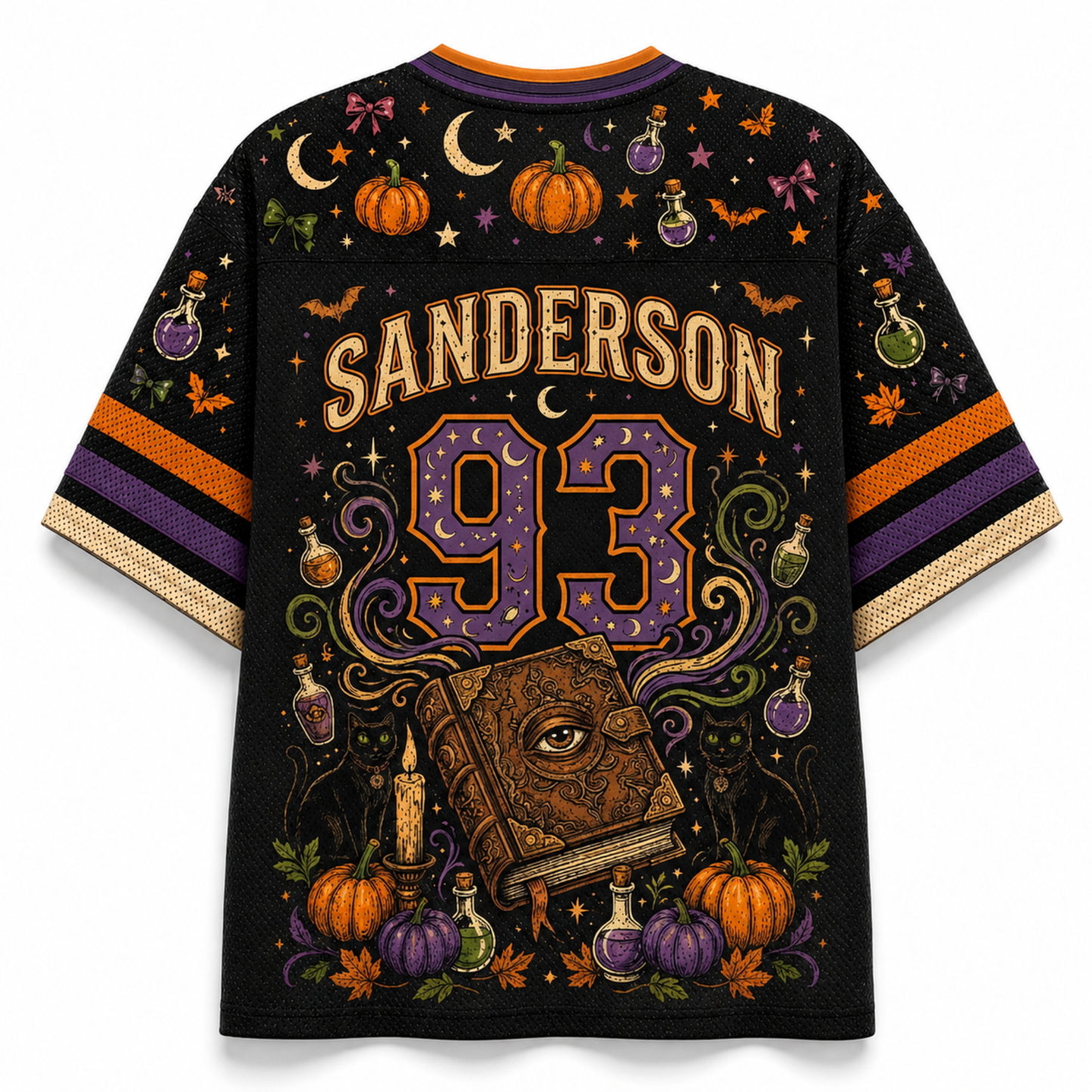 A black short-sleeve t-shirt with a vibrant Halloween-themed graphic print featuring the name 'SANDERSON' and number '93' on the back. The design includes pumpkins, bats, stars, potion bottles, a witch's eye book, and crescent moons, with orange, purple, and gold striped sleeves.