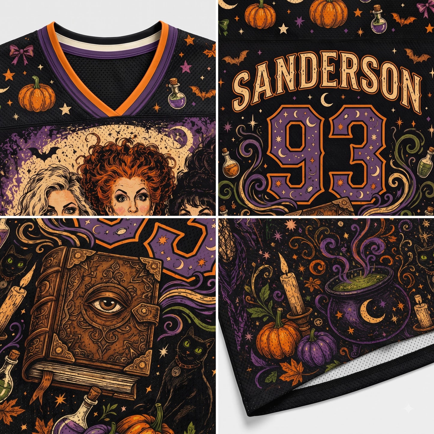 A four-panel close-up of a black Halloween-themed sports jersey featuring witch illustrations, pumpkins, stars, a cauldron, candles, and the name 'SANDERSON' with the number '93' on the back.