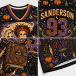 A four-panel close-up of a black Halloween-themed sports jersey featuring witch illustrations, pumpkins, stars, a cauldron, candles, and the name 'SANDERSON' with the number '93' on the back.