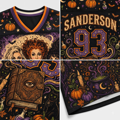 A four-panel close-up of a black Halloween-themed sports jersey featuring witch illustrations, pumpkins, stars, a cauldron, candles, and the name 'SANDERSON' with the number '93' on the back.