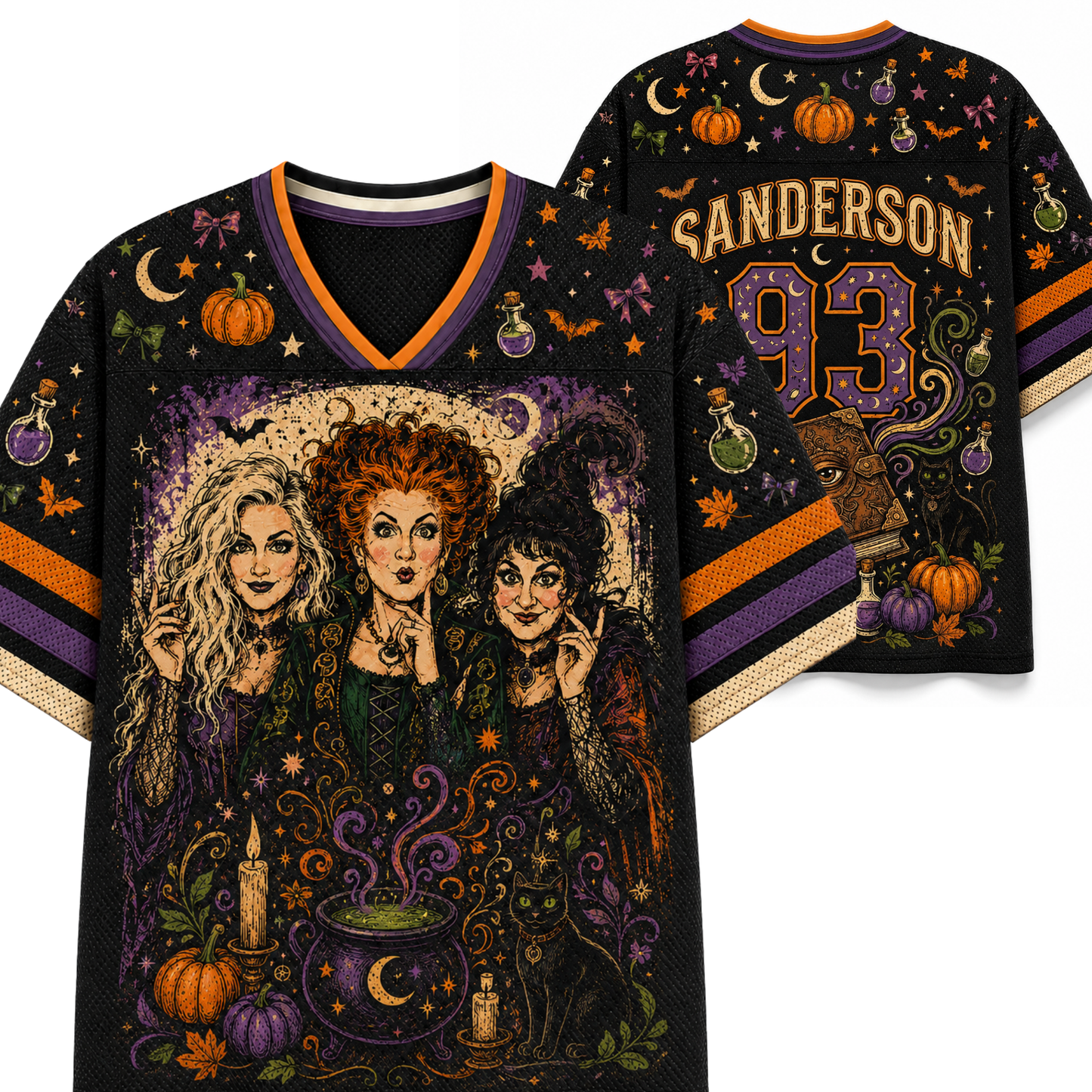 Black V-neck jersey-style shirt shown from front and back, featuring a Halloween witch-themed graphic with three illustrated women, pumpkins, cauldron, stars, moons, and the name SANDERSON and number 93 on the back.