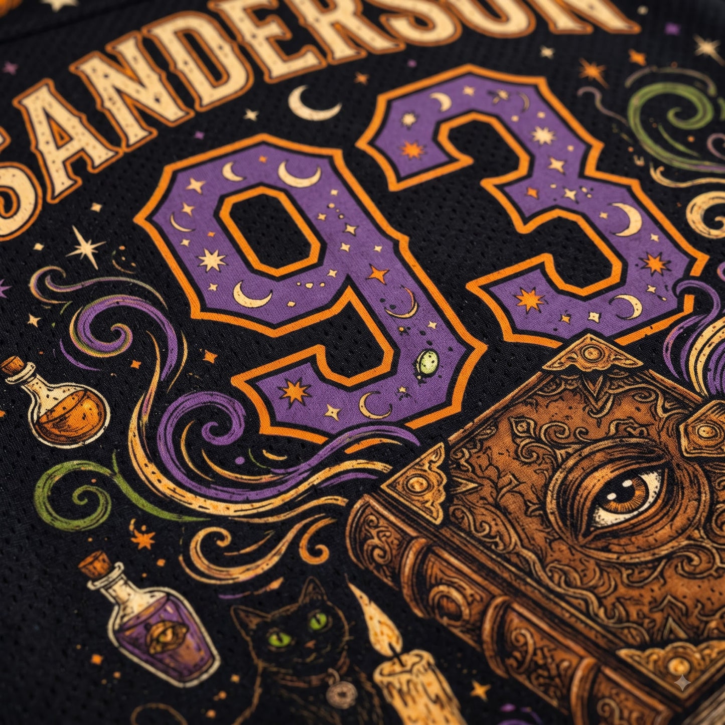 Close-up of a black sports jersey featuring a large purple and gold number 93 with moon and star motifs, surrounded by decorative illustrations including a book with an eye, potion bottles, a cat, and the name SANDERSON.