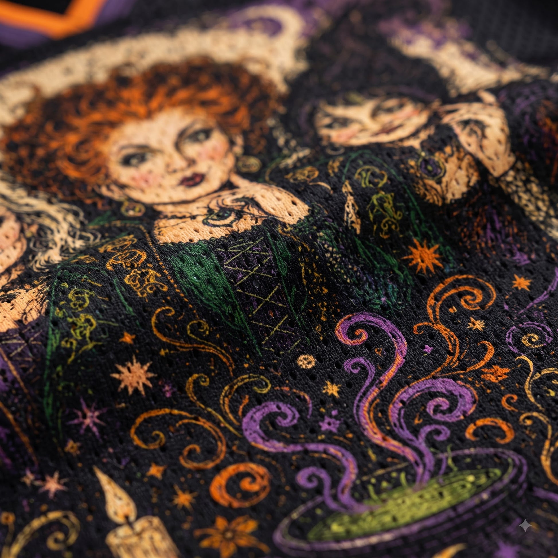 Close-up of a dark patterned textile featuring illustrated witch-like figures, swirling decorative motifs, and small star-like accents in purple, orange, green, and cream.