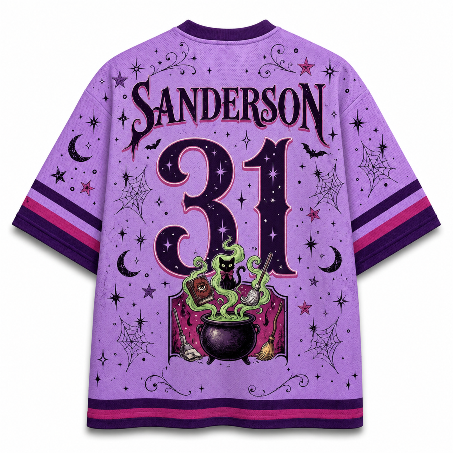 A purple short-sleeve jersey-style shirt shown from the back, featuring the name SANDERSON and the number 31 in large decorative lettering. The design includes a witch illustration with a cauldron, green smoke, stars, moons, bats, and spiderwebs, plus pink and purple striped sleeve and hem accents.