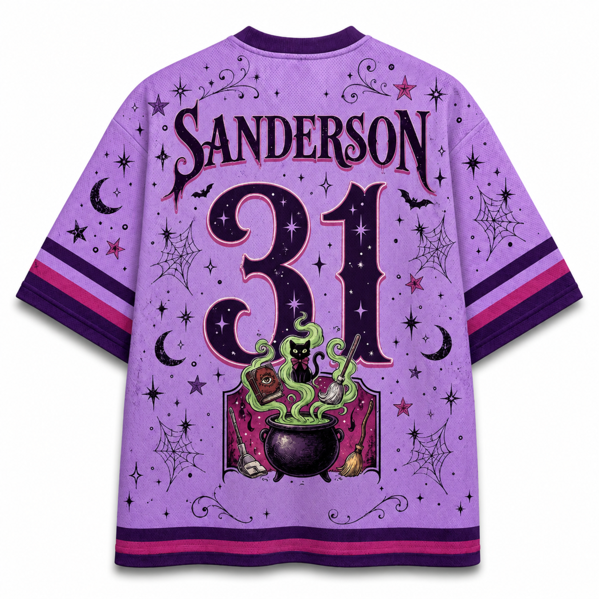 A purple short-sleeve jersey-style shirt shown from the back, featuring the name SANDERSON and the number 31 in large decorative lettering. The design includes a witch illustration with a cauldron, green smoke, stars, moons, bats, and spiderwebs, plus pink and purple striped sleeve and hem accents.