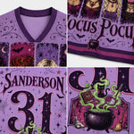A purple V-neck athletic-style shirt shown in a four-panel collage, featuring Halloween-themed graphics including the word 'Pocus', a cauldron with green smoke, bats, spiderwebs, and the name 'Sanderson' with the number 31.
